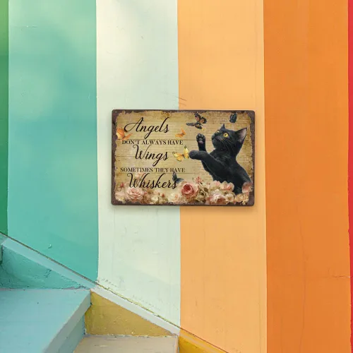 Vista 7 de 1 letrero de metal vintage de 8 x 12 pulgadas, diseño retro de gato negro con diseño de mariposa de ángeles no siempre tienen alas para el hogar