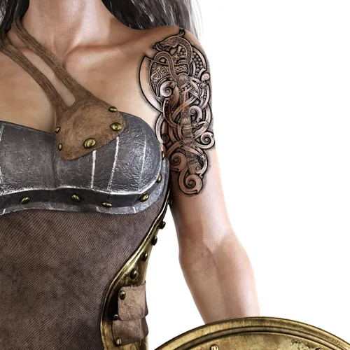 Vista 7 de 2 tatuajes temporales con hacha vikinga, dragón, nórdico, palo negro, tribal, bárbaro, celta, guerrero, en el cuerpo, pegatina de transferencia