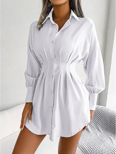 Vista 6 de Mini vestido camisero, plisado cintura ceñida asimétrica, vestido camisero blanco manga de fibra de poliéster, mini cuello de solapa abotonado
