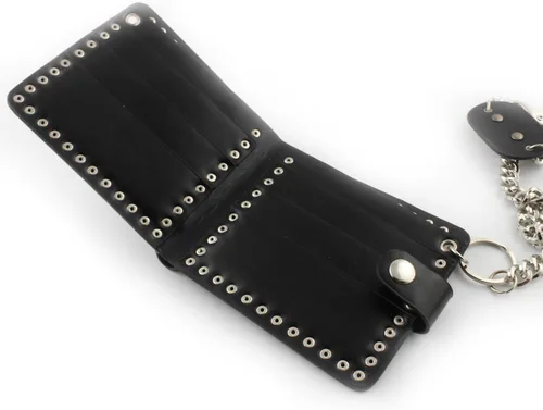 Vista 3 de Cartera de cuero con tachuelas punk de calavera para hombre con llavero largo de jeans, Negro