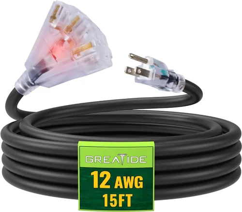 Vista 9 de Cable de extensión iluminado para exteriores de 6 pies con 3 tomas de corriente eléctrica - Cable de extensión negro resistente SJTW 12/3