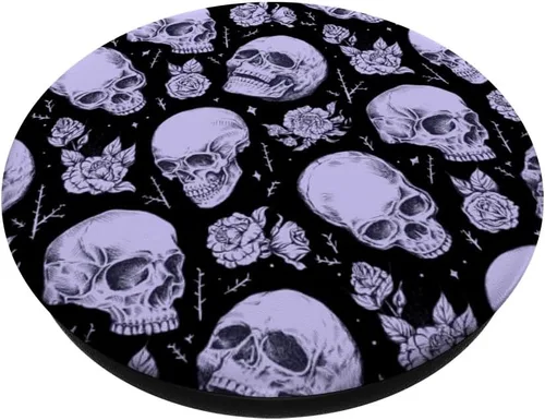 Vista 2 de Halloween moderno moderno calaveras y rosas en púrpura púrpura PopSockets intercambiables PopGrip