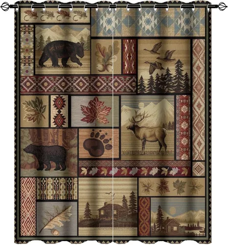 Vista 19 de Cortinas de oscurecimiento estilo campestre con osos, alces y ciervos, cortinas opacas para ventanas con ojales, tratamiento de ventanas eficiente