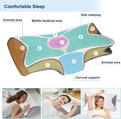 Vista 4 de Neck Pillow Ergonomic Orthopaedic Pillow Memory Foam Pillow 2 Height Options with Neck Support Ideal for Side Sleepers and Back Pain Grey