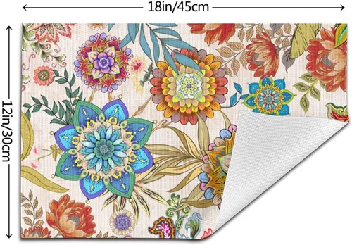 Vista 4 de Juego de 4 manteles individuales florales bohemios de lino de 12 x 18 pulgadas, manteles individuales de flores coloridas para cocina, mesa