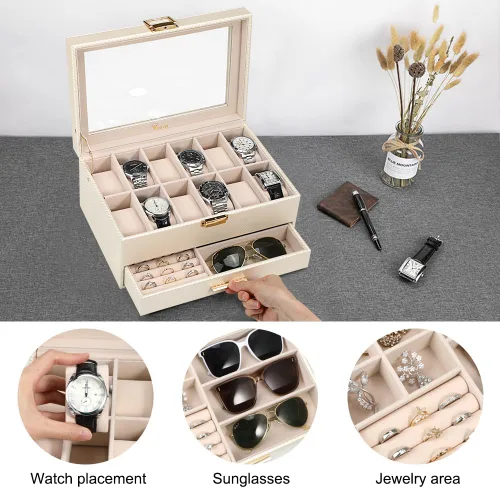 Vista 4 de Voova - Organizador de cajas de joyería para relojes para hombres y mujeres, 2 capas grandes con 12 ranuras, estuche de almacenamiento de relojes