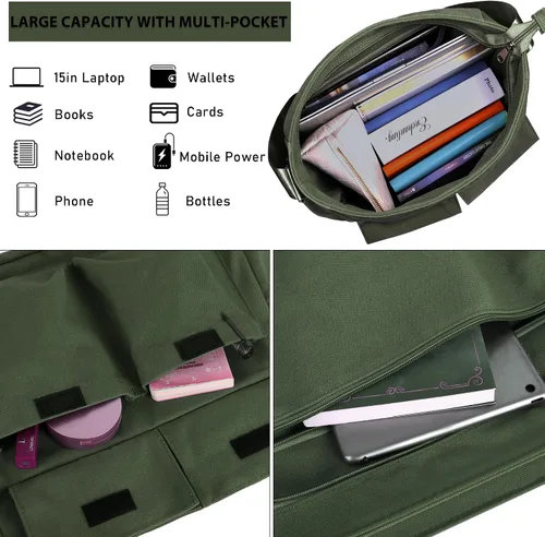 Vista 5 de Bolso bandolera de lona para hombres y mujeres, bolso vintage para laptop, bolsa grande con múltiples bolsillos