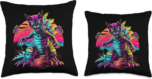 Vista 3 de Streetwear Synthwave 80s 90s Catzilla graphic Cat Japanese Throw Pillow