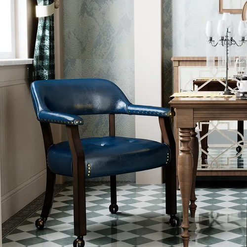 Vista 25 de Silla de comedor con ruedas y brazos, sillas de póker de PU, gris antiguo