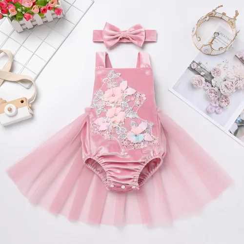 Vista 23 de Traje de bebé niña primer cumpleaños traje de encaje tul mameluco princesa tutú vestido de un año cumpleaños pastel Smash fotografía ropa