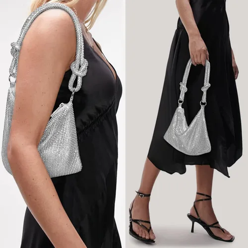 Vista 5 de Monederos con diamantes de imitación para mujer, elegante bolso de noche brillante, bolso de mano plateado brillante para fiesta
