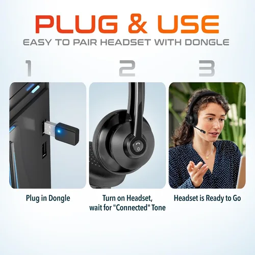Vista 9 de Delton Auriculares Bluetooth 35X para computadora con micrófono de cancelación de ruido, base de carga rápida, acoplamiento automático USB Dongle