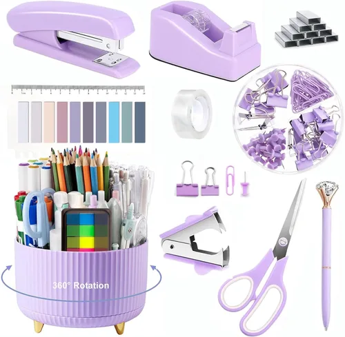 Vista 8 de Suministros de oficina, accesorios de escritorio negros, juego de suministros de oficina, juego de grapadora y dispensador de cinta, tijeras