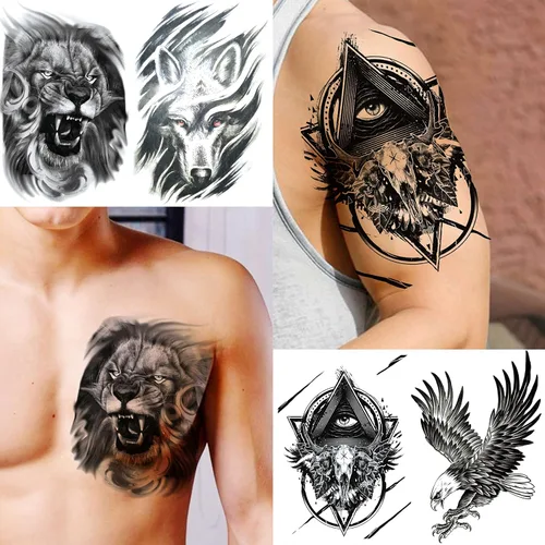 Vista 6 de VANTATY 50 hojas de tatuajes temporales negros para hombres y adultos, animales de lobo león dragón, falsos pequeños tatuajes temporales