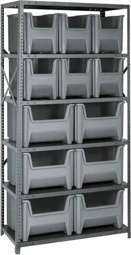 Vista 230 de Quantum QSBU-245BK Heavy Duty Shelving Unit with (7) Shelves and (24) QUS245 Black Bins for Garage Warehouse Storage Distribution 400 lb Load