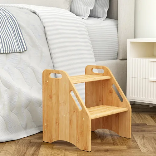 Vista 11 de AMBIRD Taburete de madera – Capacidad de dos pasos de 300 libras con almohadillas antideslizantes de seguridad y asas, bambú para baño, cocina Negro