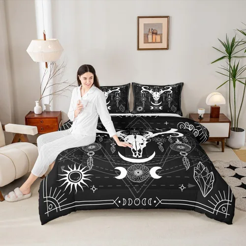 Vista 34 de Juego de edredón de champiñones para niños, tamaño individual, juego de ropa de cama romántica con sol, luna, cielo estrellado y galaxia, decoración