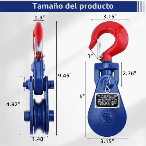 Vista 5 de Bloque de arranque de 2 toneladas con gancho Polea de bloque de arranque resistente Azul+Rojo