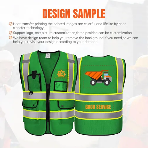 Vista 2 de Chaleco Reflectante Clase 2 de Seguridad ANSI con Bolsillos y Cremallera de Alta Visibilidad Uniforme de Construcción K-verde-1pack-custom