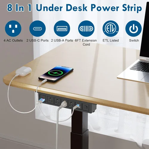 Vista 2 de Regleta de alimentación 8 en 1 para debajo del escritorio con interruptor, 4 tomas, 4 USB, cable de 6 pies, 14 AWG USB C de 20 W, 18 W USB A