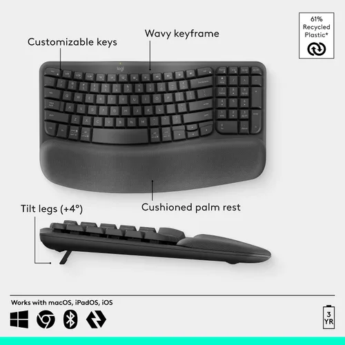 Vista 6 de Logitech Wave Keys - Teclado inalámbrico ergonómico con reposamanos, color grafito Para una postura de escritura natural, conecta hasta 3