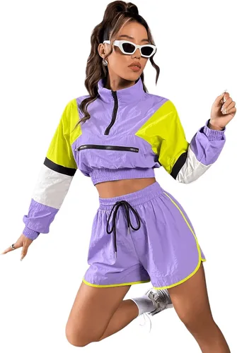 Vista 3 de SweatyRocks Conjunto de sudadera corta de 2 piezas con media cremallera y cordón para mujer