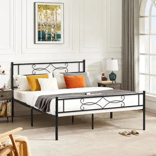 Vista 3 de VECELO Base de cama de tamaño matrimonial con plataforma de metal, base de colchón con cabecero, soporte de listones de acero, no necesita somier