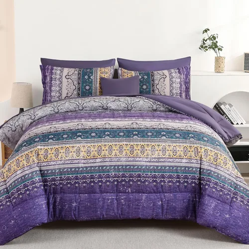 Vista 24 de Cottolester - Juego de edredón bohemio de tamaño matrimonial, 8 piezas, ropa de cama de microfibra suave en una bolsa, rayada y de color aguamarina