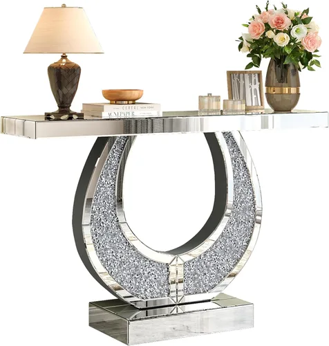 Vista 7 de Mesa consola plateada con espejo con diamante triturado, mesa rectangular moderna de 45.27 pulgadas con base en forma de O, mesas angostas