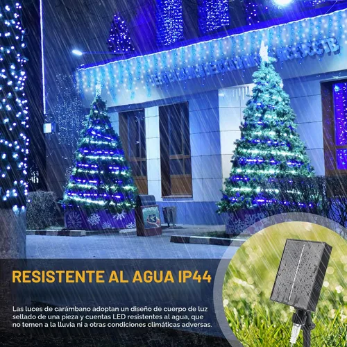 Vista 7 de Luces de carámbano de Navidad con control remoto, 300 luces LED solares para cortina Azul blanco