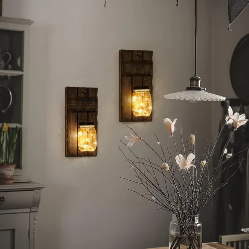 Vista 2 de Juego de 2 candelabros de pared, portavelas rústico para decoración del hogar, portavelas de madera montados en casa de campo con luces