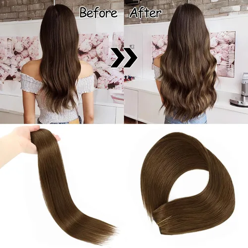 Vista 3 de Extensiones de cabello humano real, cabello lacio marrón chocolate de 12 pulgadas con alambre oculto y línea de pescado transparente