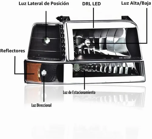 Vista 2 de Faros LED DRL, faro lente transparente carcasa negra reflector ámbar