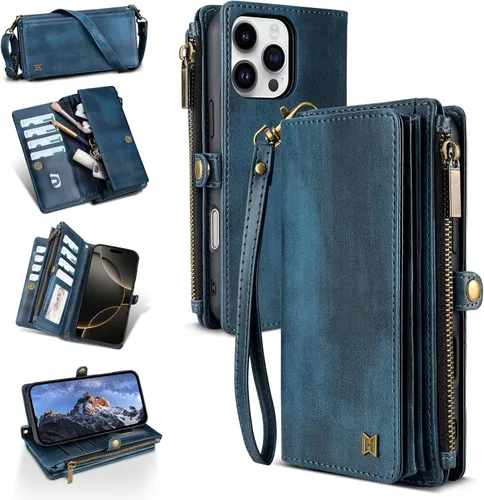 Vista 17 de Funda tipo cartera para iPhone 16 Pro Max con 8 tarjeteros, bloqueo RFID, piel sintética, función atril, abatible, correa de muñeca y correa