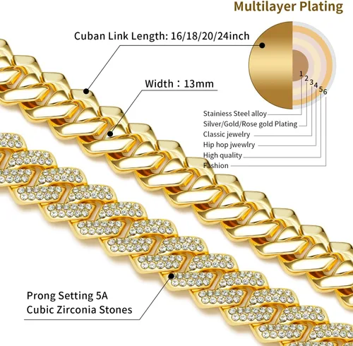 Vista 2 de Cadena de eslabones cubanos chapada en oro de 18 quilates para hombres y mujeres, diseño helado en plataorooro rosa, collar cubano de Miami, joyería