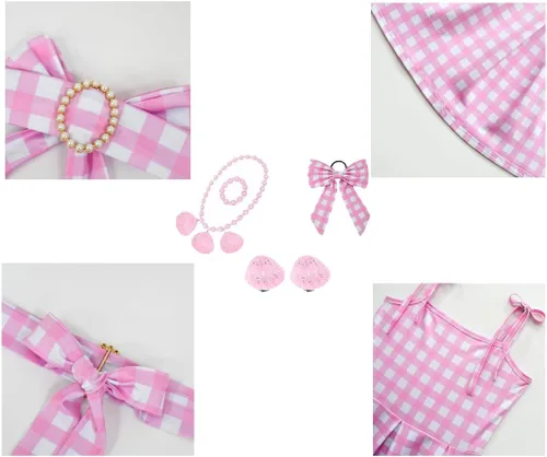 Vista 3 de Vowdicua Vestido rosa para disfraz de película, cosplay, a cuadros, vestidos casuales de verano para mujeres y niños, talla L