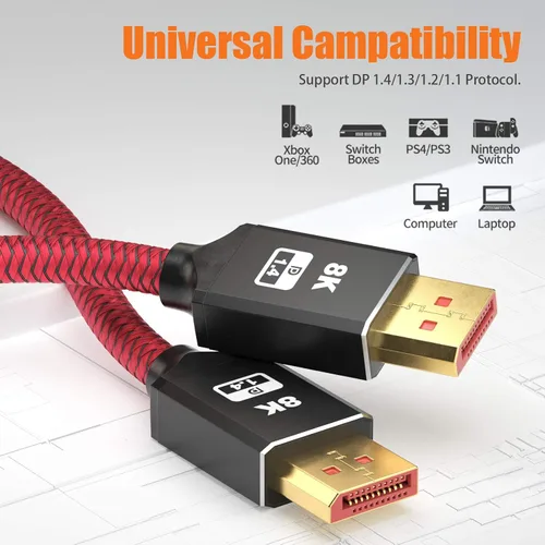 Vista 7 de BIFALE Cable DisplayPort 1.4 8K certificado VESA de 25 pies, cable DP 1.4 de nailon trenzado (8K @60Hz, 4K @144Hz y 1080P @240Hz), HBR3, 32.4Gbps