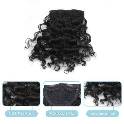 Vista 4 de Shinon Flequillo rizado de cabello humano con clip, extensiones de cabello real 10 A, color negro
