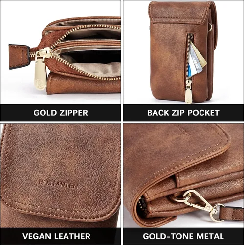 Vista 6 de Bolso bandolera pequeño de piel vegana BOSTANTEN para mujer, con diseño de cartera para celular, con correa ajustable A-01-retro Marrón