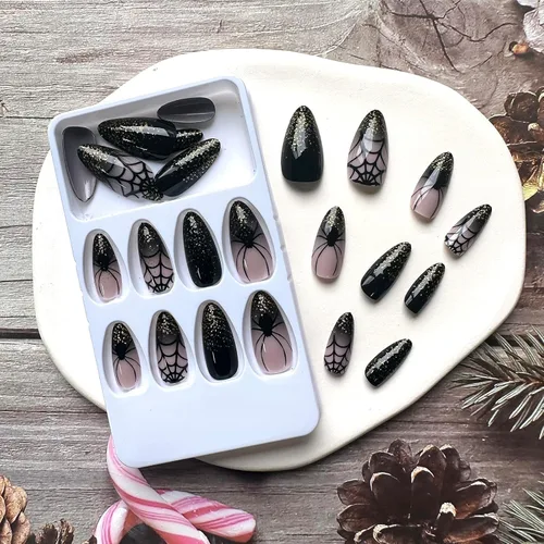 Vista 3 de Uñas postizas a presión de almendra, uñas postizas de Halloween, cobertura completa, longitud media, uñas postizas de araña negra con purpurina