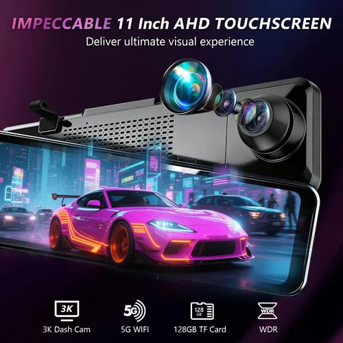Vista 4 de Cámara de tablero de espejo de 3 canales con frontal 3K, cabina y trasera 1080P, cámara de espejo retrovisor de 11 pulgadas con WiFi/visión