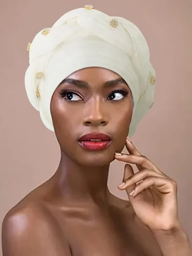 Vista 3 de Woeoe Turbante africano para mujer, gorro trenzado previamente atado, con diamantes de imitación, turbantes suaves y elásticos para la cabeza