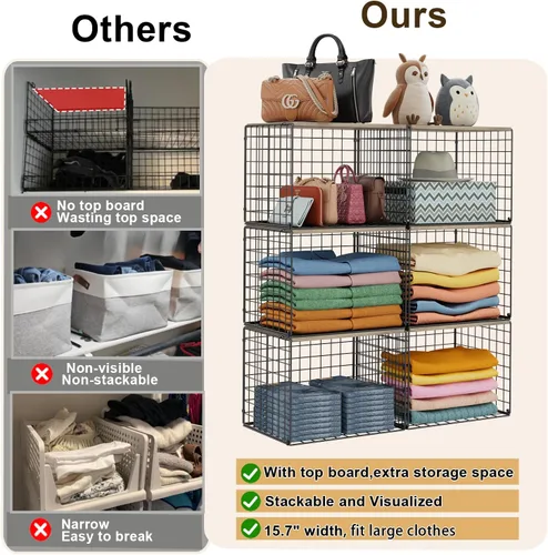 Vista 7 de Organizadores de armario y almacenamiento más amplios, apilables, con parte superior de madera, para suéteres, jeans, estantes organizadores de Negro