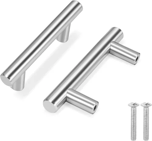 Vista 12 de Flexzion Paquete de 10 pomos para gabinetes de cocina, tiradores de barra en T, tiradores de cajón de 2 pulgadas de un solo agujero, acero