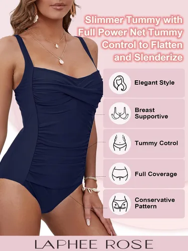 Vista 4 de Traje de baño de una pieza con control de abdomen para mujer, traje de baño retro fruncido