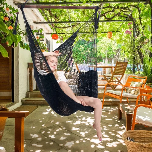 Vista 6 de Larga silla hamaca grande caribeña con reposapiés, 48 pulgadas, poliéster, silla de colgar., Negro