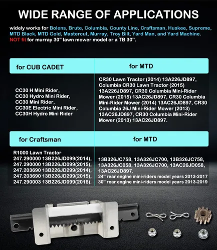 Vista 2 de [Actualizado] 753-11064B CR12 Kit de servicio de estante de dirección para Cub Cadet CC30 CC30H CC30E Mini Riders, MTD Columbia CR30, Craftsman