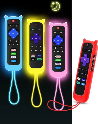 Vista 14 de ONEBOM - Juego de 2 fundas para control remoto Roku con diseño de orejas de Azul resplandor y rosa brillante