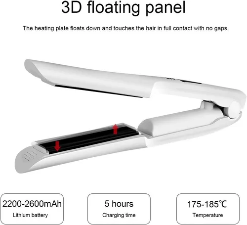 Vista 6 de Alisador y rizador de cabello 2 en 1 con panel aplanador de cerámica 3D que hace que el cabello sea suave, control digital inalámbrico recargable