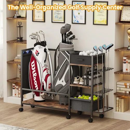 Vista 4 de Organizador de almacenamiento de bolsa de golf para garaje, organizador de golf con estante de golf adicional y bolsa lateral de tela para 20 palos